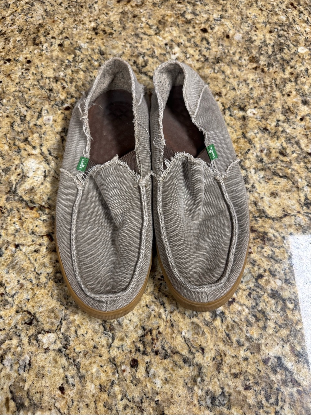 Sanuk Taupe Canvas Slip-Ons with Gum Sole